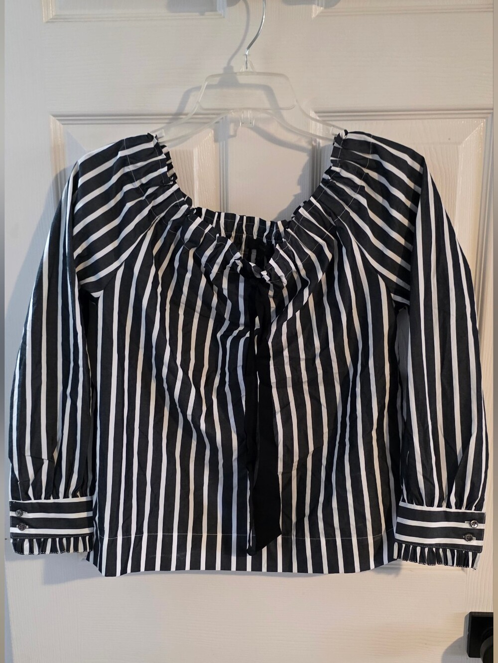 J.Crew Cotton Striped Off The Shoulder Ruffle Bow Blouse Poplin Top Size XXS